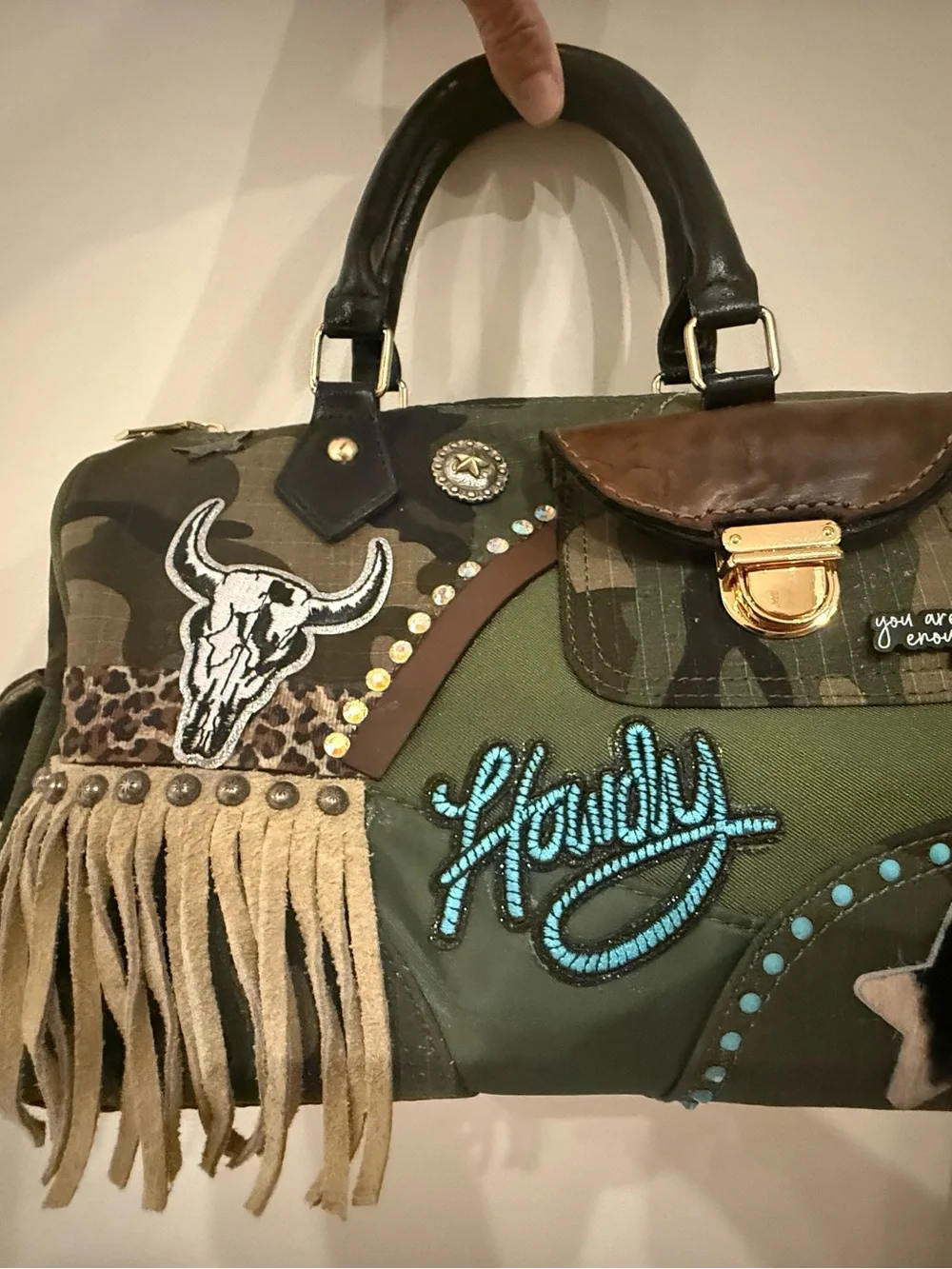 Handy Embroidered Fringe Canvas Satchel — Olive Green with Brown Accents